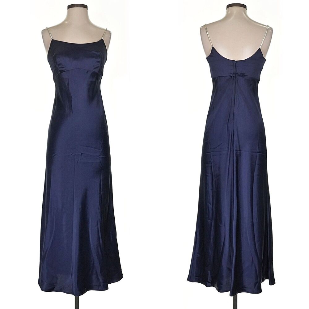Vintage Slip Dress 90s Jessica McClintock Silky Blue Gown Rhinestone Prom 3/4